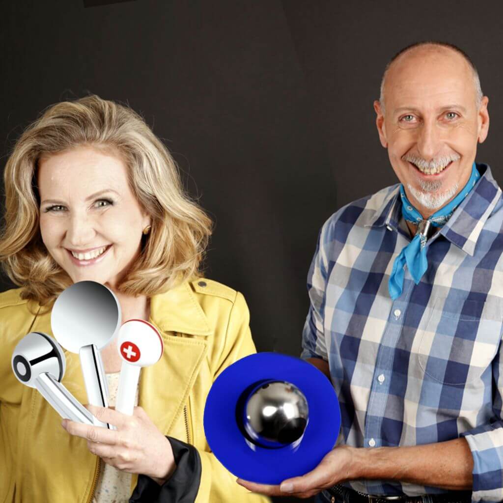 Michèle Sidler mit 3 Duschköpfen und Paul Curty mit Wandbrause Publique für öfentliche Anlagen