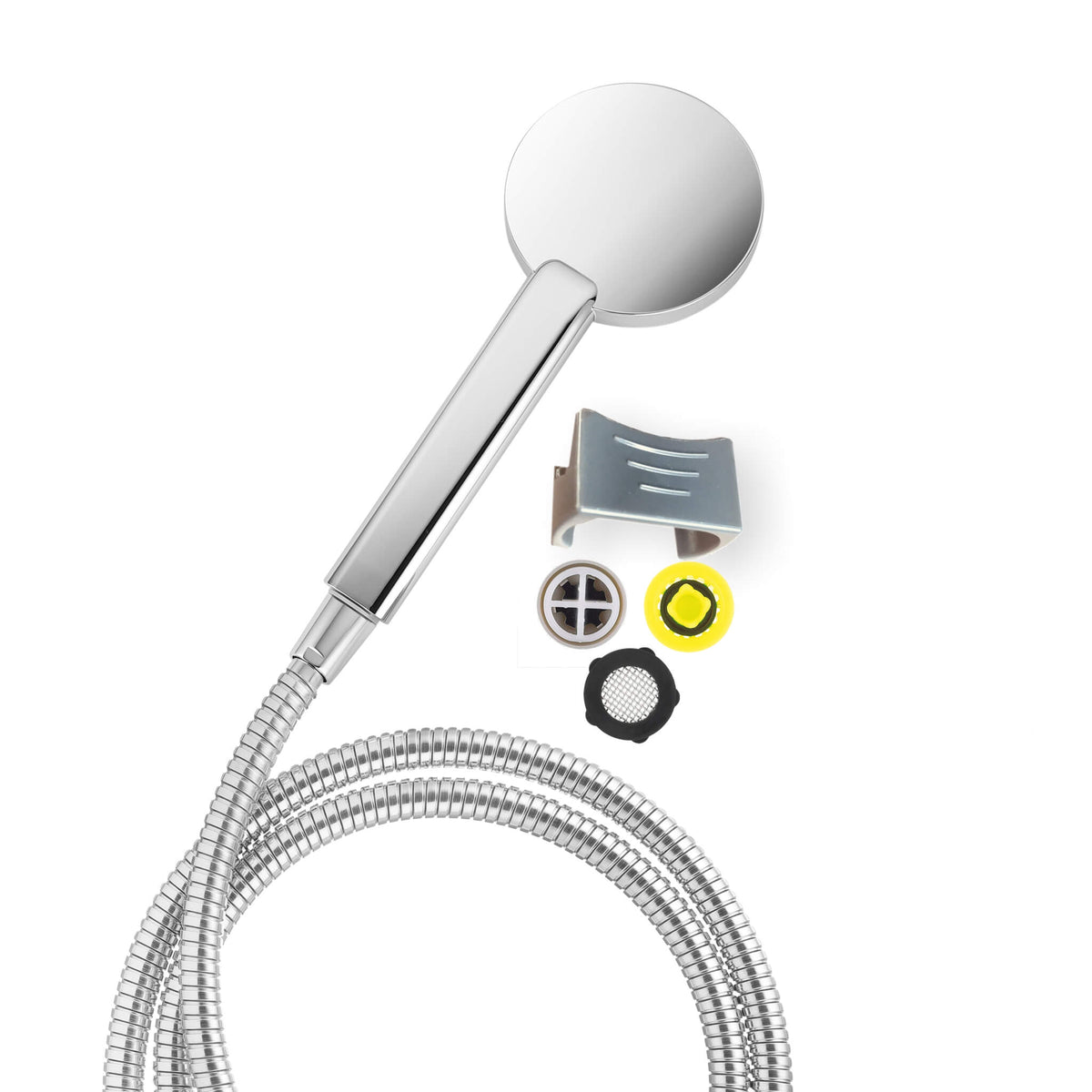 Duschkopf-Set Komfort mit Prosecco Duschbrause, passenden Edelsthl-Schlauch, 2 Regler, Dichtung und Air-Stop