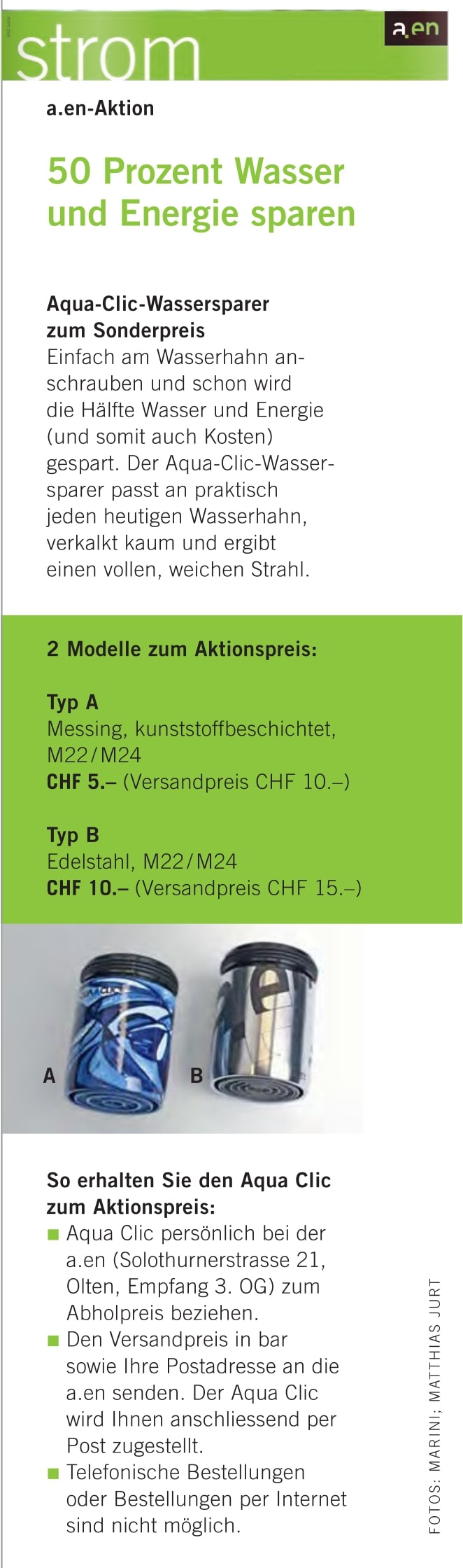 Spezialaktion Wassersparer Aare Energie Ausschreibung