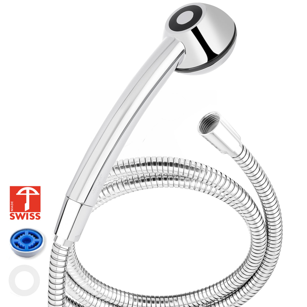 Duschkopf SwissClma, Ecoverchromt mit Metallschlauch elastisch, Regler und Armbrust-SwissMade Label
