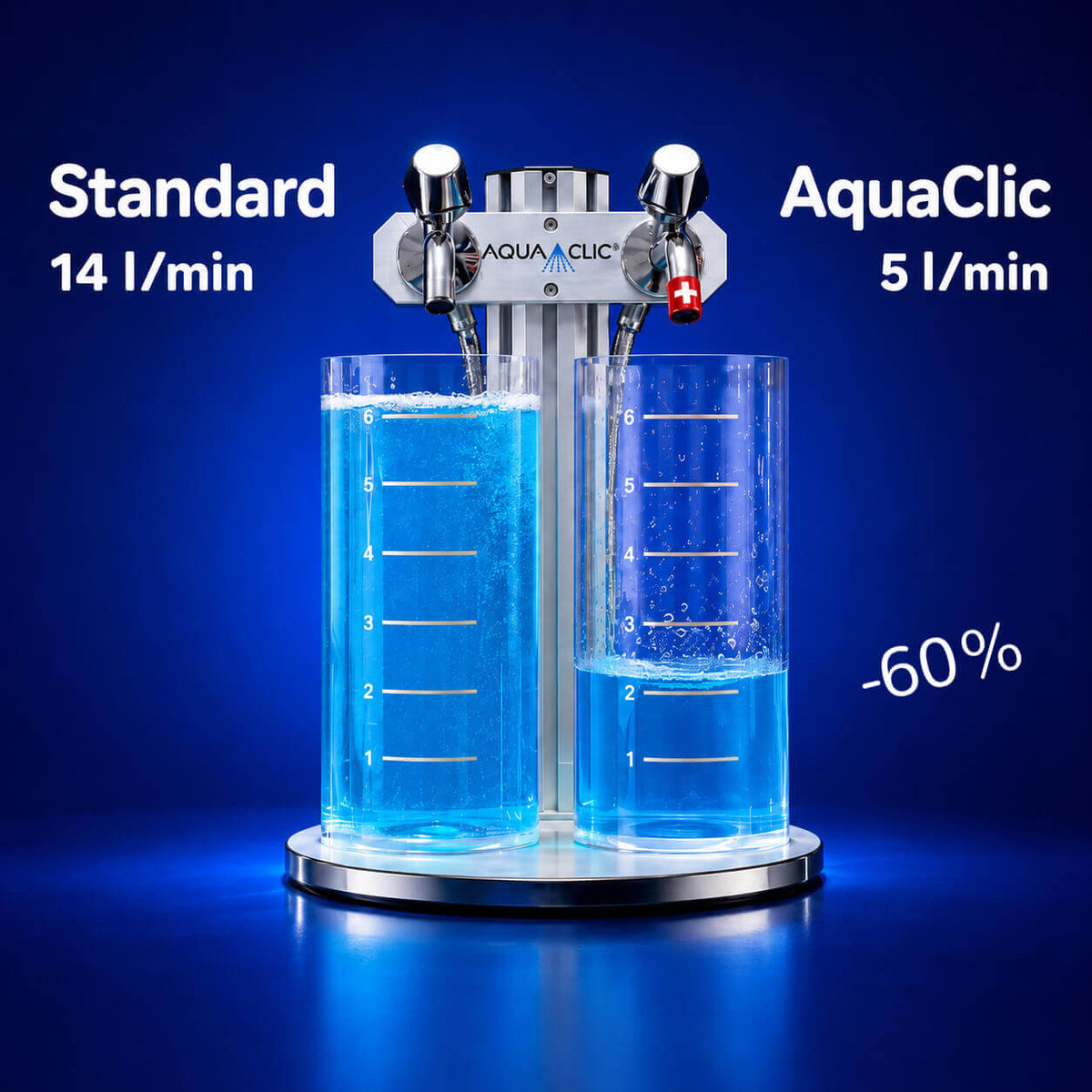 AquaClic Strahlregler-Vergleich zeigt Wasserverbrauch Standardhahn 13 l/min Energieklasse E vs AquaClic 5 l/min Energieklasse A mit Messbehältern und Energielabel Anzeige