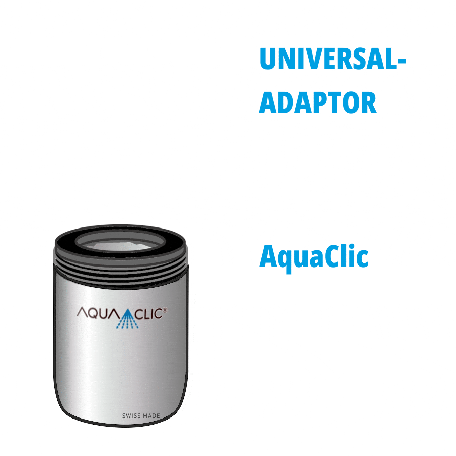 AquaClic und Universaladapter, Darstellung aufgeschraubt und abgeschrauft für Wasserhahn mit Innengewinde (24 mm) oder Aussengewinde (22 mm): M22/24