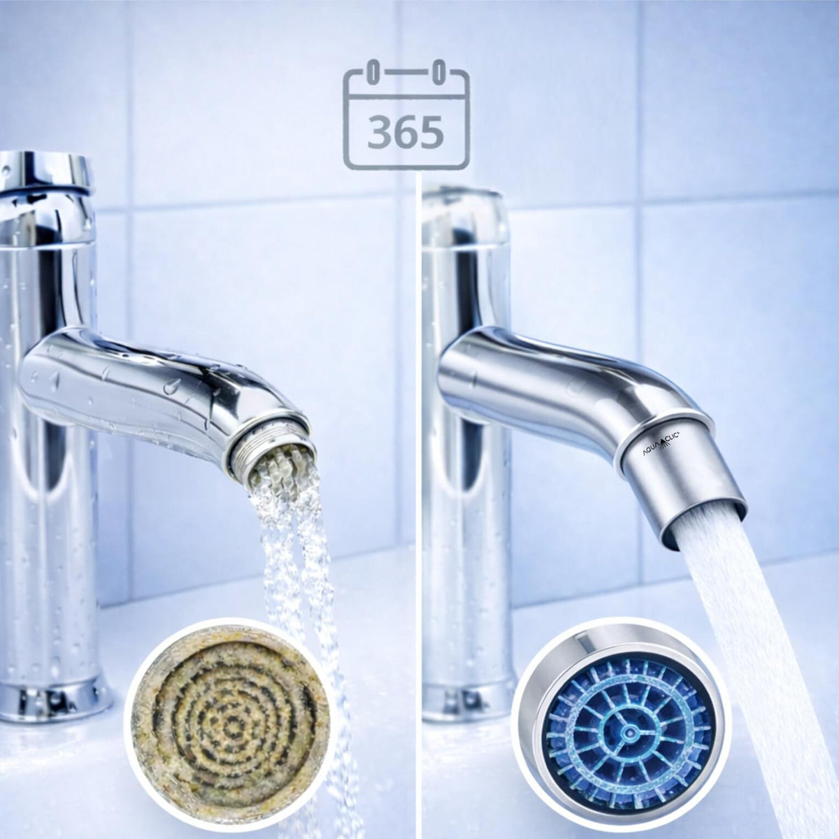 Verkalkter Wasserhahn-Strahlregler nach 365 Tagen neben AquaClic mit ruhigem vollem Wasserstrahl und deutlich weniger Kalkablagerungen im direkten Vergleich