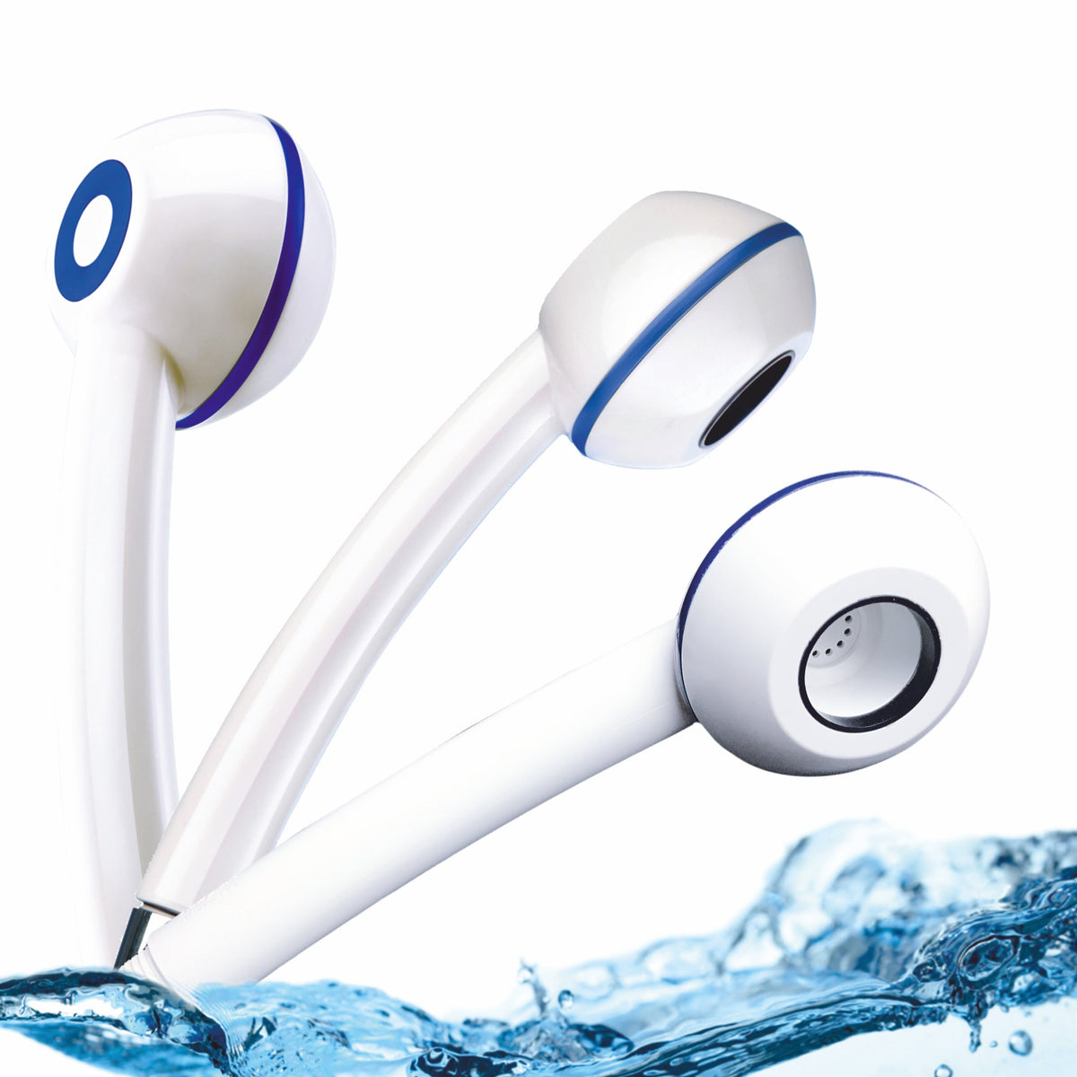 Duschkopf SwissClima weiss metallfrei 3 Ansichten: Seite, Profil, von unten. Gleiche Form und Funktion wie die SwissClima in verchromter Ausführung.