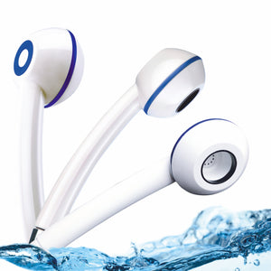 Duschkopf SwissClima weiss metallfrei 3 Ansichten: Seite, Profil, von unten. Gleiche Form und Funktion wie die SwissClima in verchromter Ausführung.