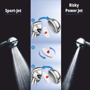 Vom Sportlichen Strahl der SwissClima-Brause zum schmalen, harten Risky Power Jet, indem Sie die Brause öffnen und die Lochscheibe wenden