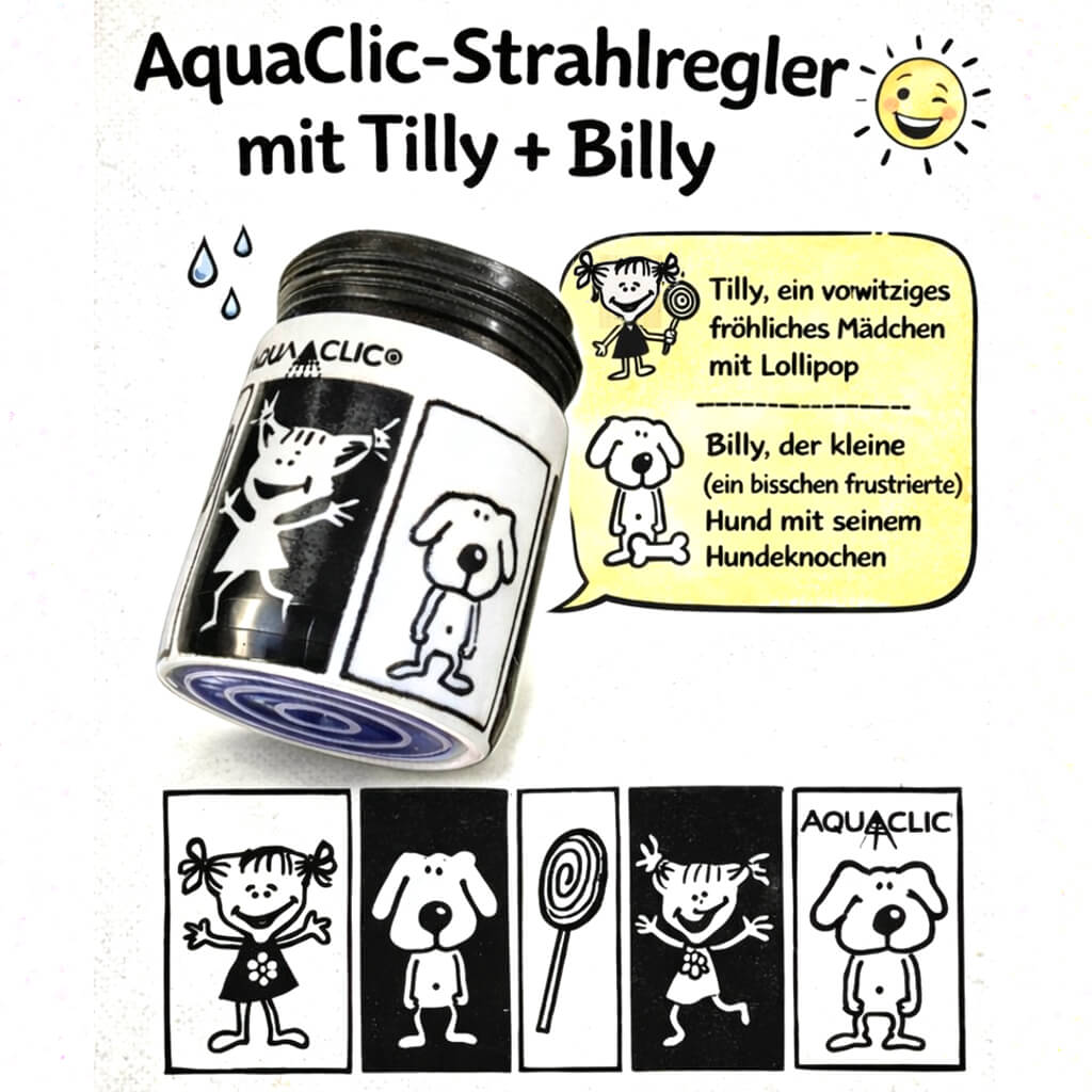 AquaClic Strahlregler Tilly Billy mit stilisiertem Hund