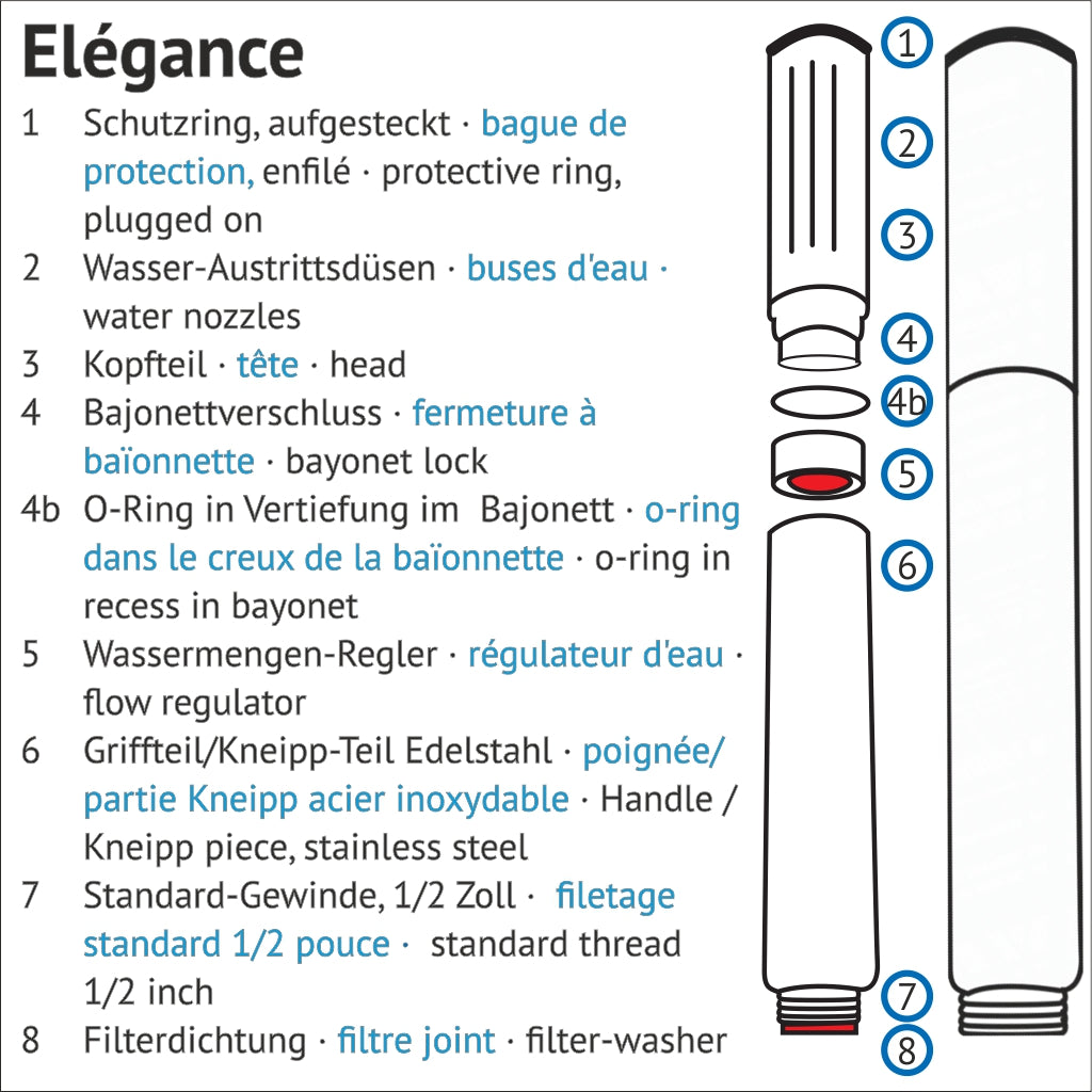 Explosionszeichnung des Duschkopfs Elegance und seine Einzelteile