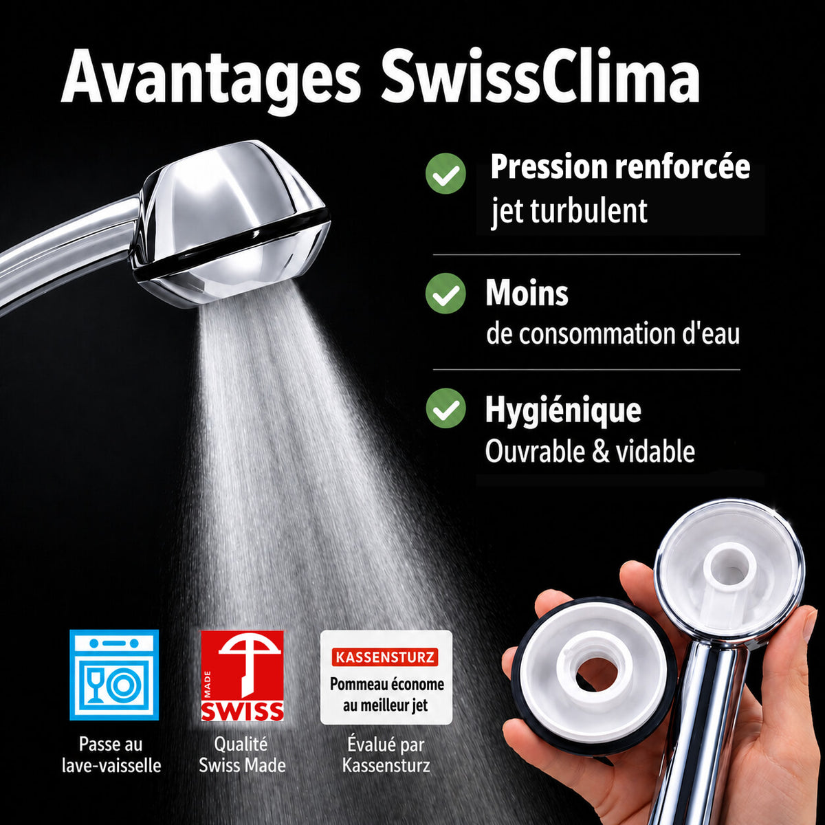 Avantages Douchette SwissClim: pression renforcée, moins de conosommation, hygienique, Evaluation Kassensturz, SwissMade, Passe au lave vaisselle. Image douchette ouverte