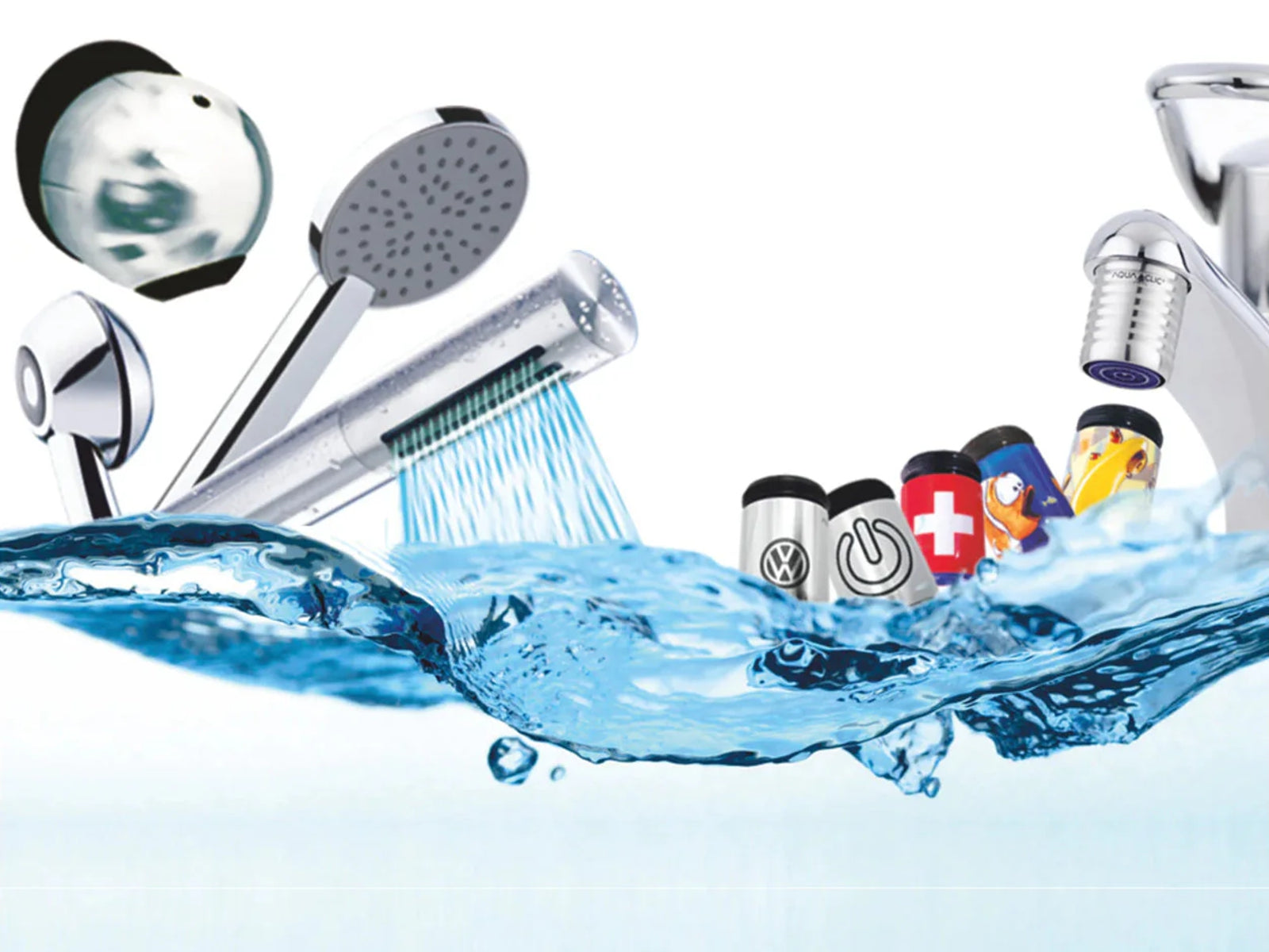 3 Duschköpfe für den Schlauch, 1 Wandbrause, 3 Edelstahl-Strahlregler und 3 farbige Mischdüsen für den WAsserhahn