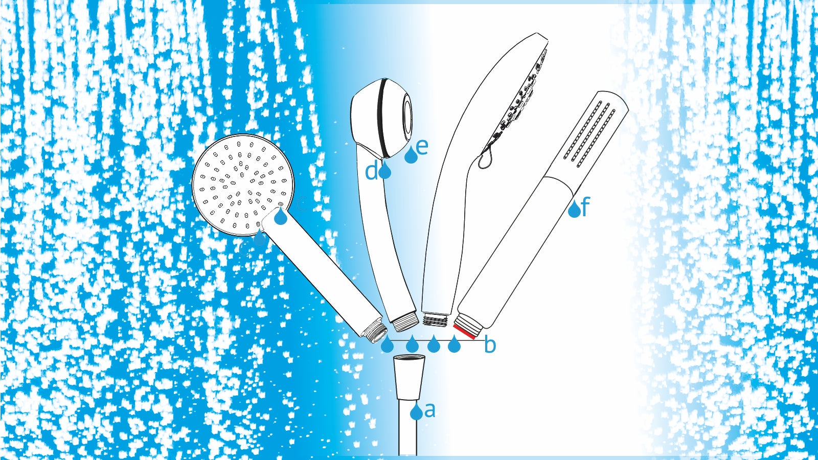 4 Duschköpfe auf blauem Wasserhintergrund