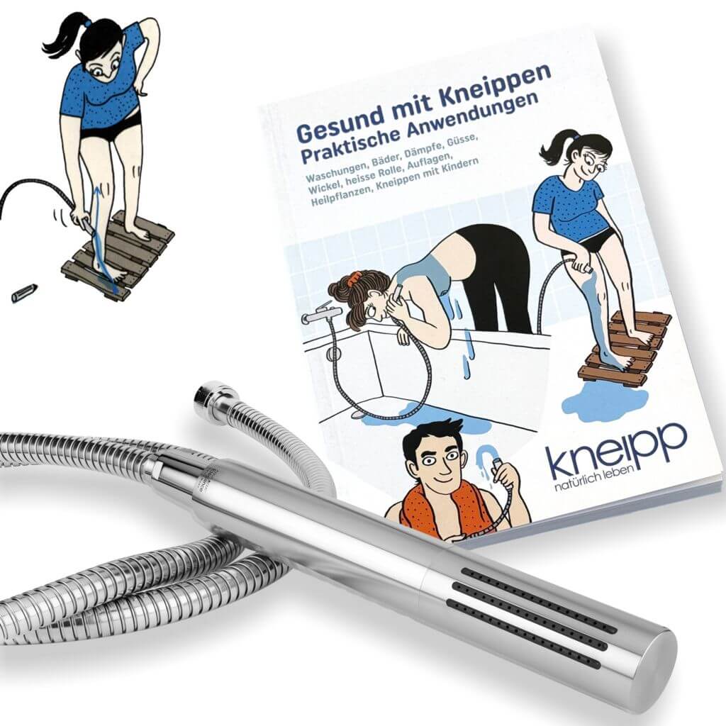 Elegance-Duschkopf zum Kneippen als Kombibrause in Edelstahl mit Anleitungsbuch Gesund mit Kneippen des Schweiz. Kneippverbands