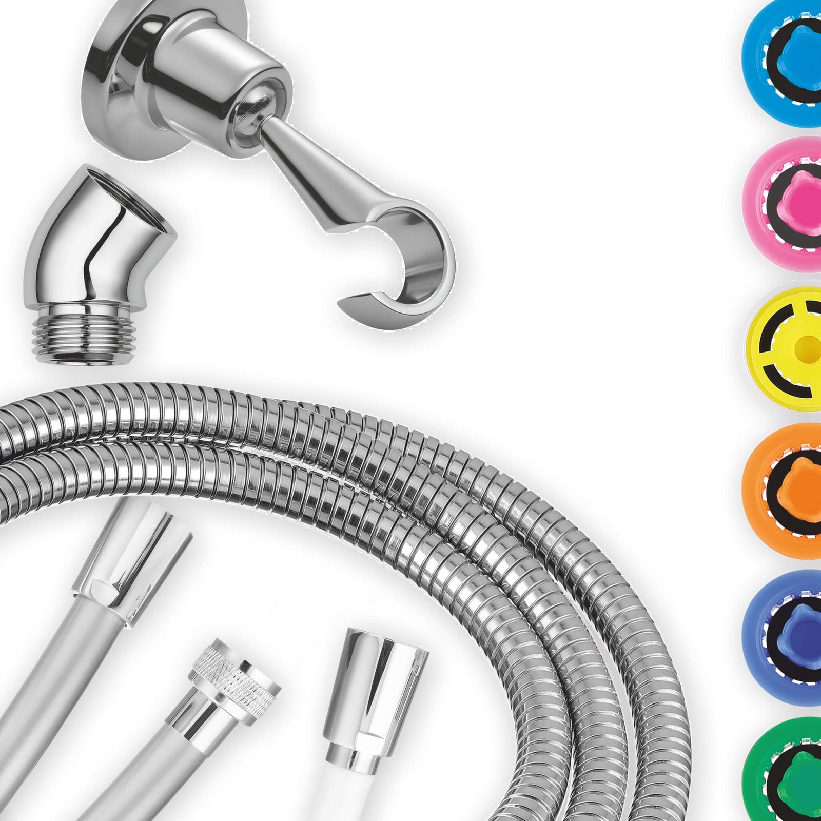 Zubehörteile für Duschköpfe und Wasserhähne in Messing verchromt, Edelstahl und Kunststoff