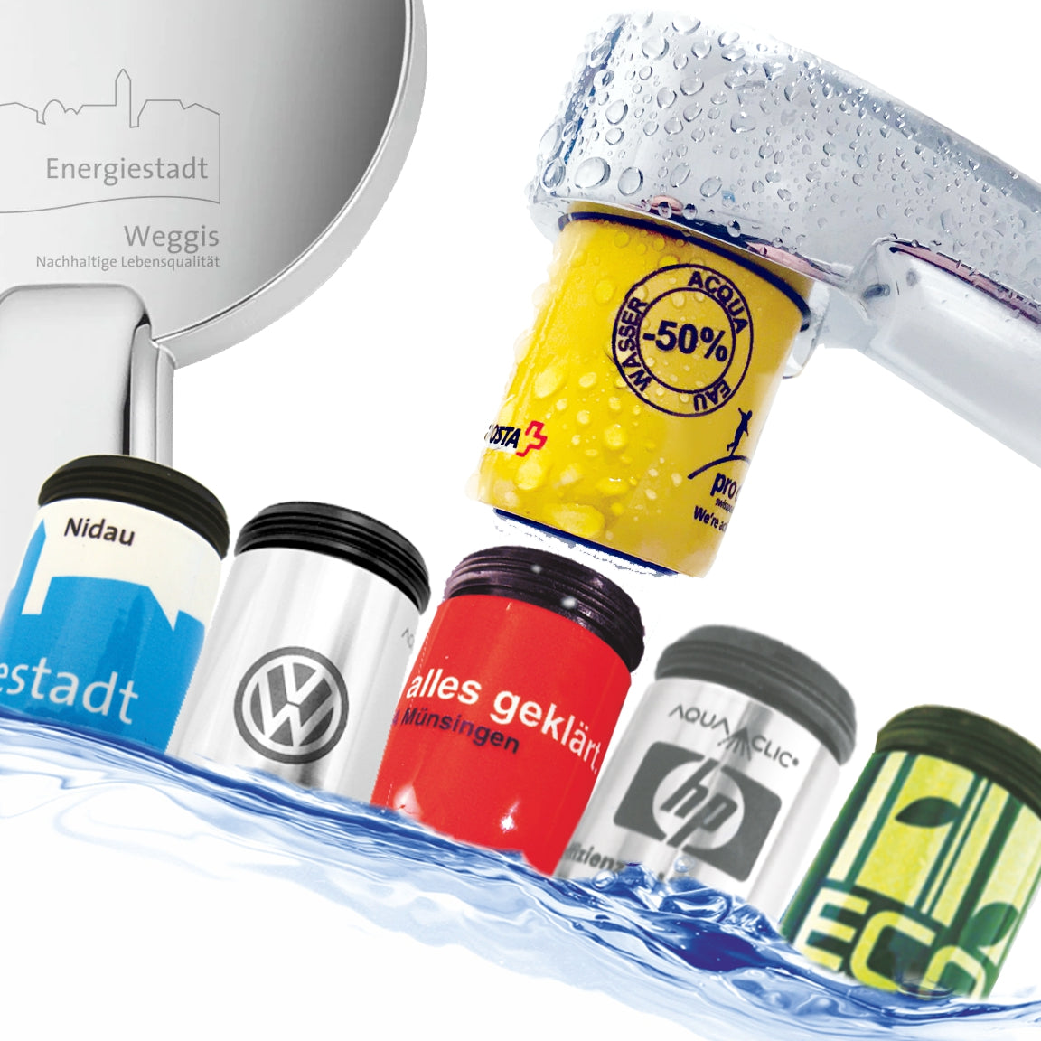 energiesparende Strahlregler personalisiert für Energiestadt Nidau, VW, Kläranlage Münsingen, Hewlett Packard, Eco, Schweizerische post, einzeln und am Wasserhahn.