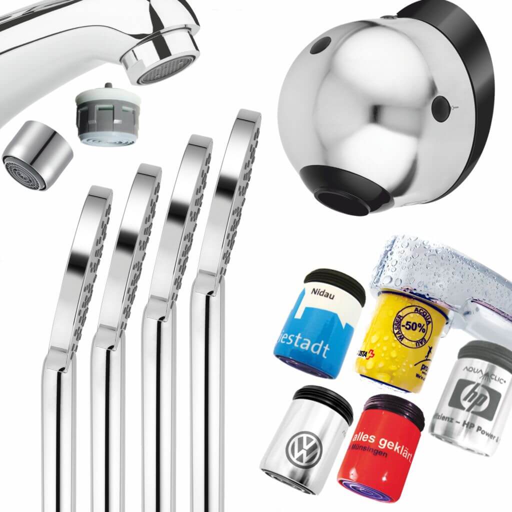 kostengünstige Strahlregler, Sparduschköpfe Prosecco, Wandbrause wassersparend Publique, individuell gestaltete AquaClic-Strahlregler in Edelstahl und Farbe mit Firmenlogo für Unternehmen, Hotels und Gemeinden