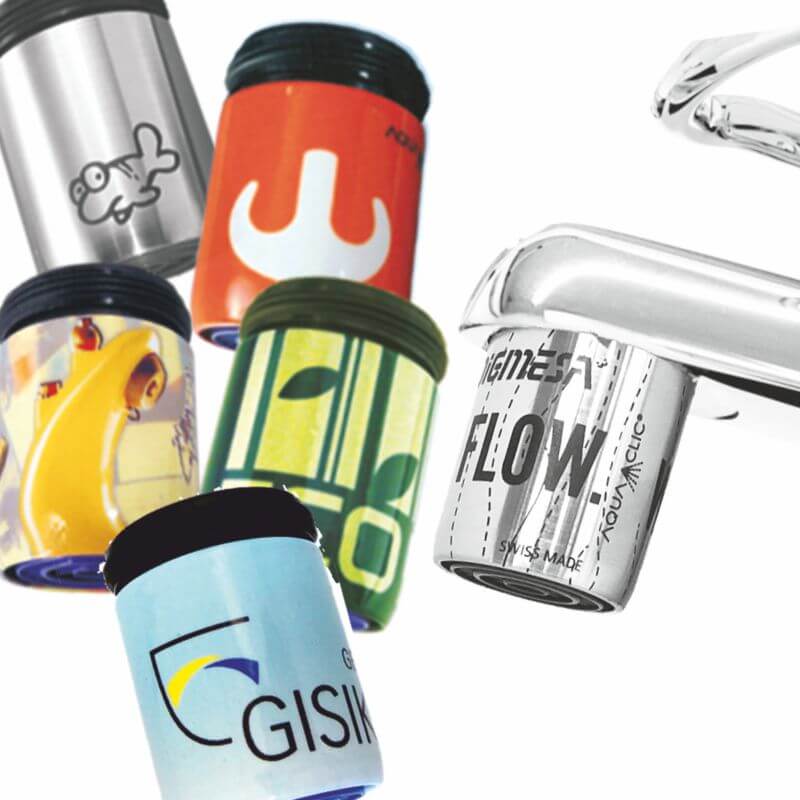 individuell gestaltete AquaClics mit Logos von Firmen und Unternehmen auf Edelstahl und Messing farbig