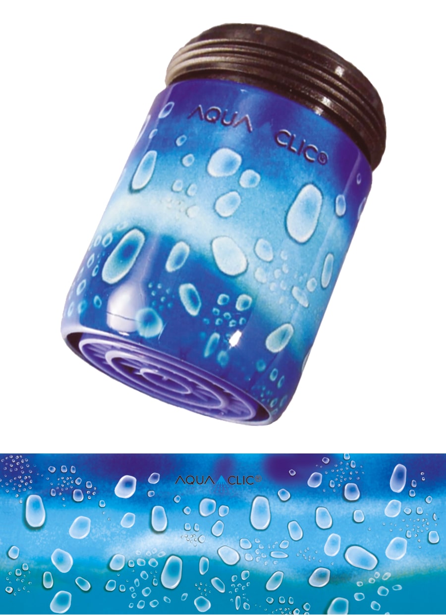 AquaClic-Wassersparer am Hahn mit  Raindrops-Design vermindert Wasserverbrauch und Kosten