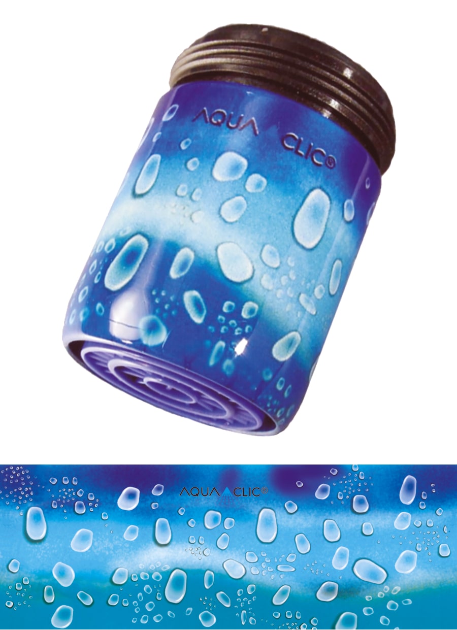 AquaClic-Strahlformer am Wasserhahn in  Raindrops-Design senkt den Wasserverbrauch