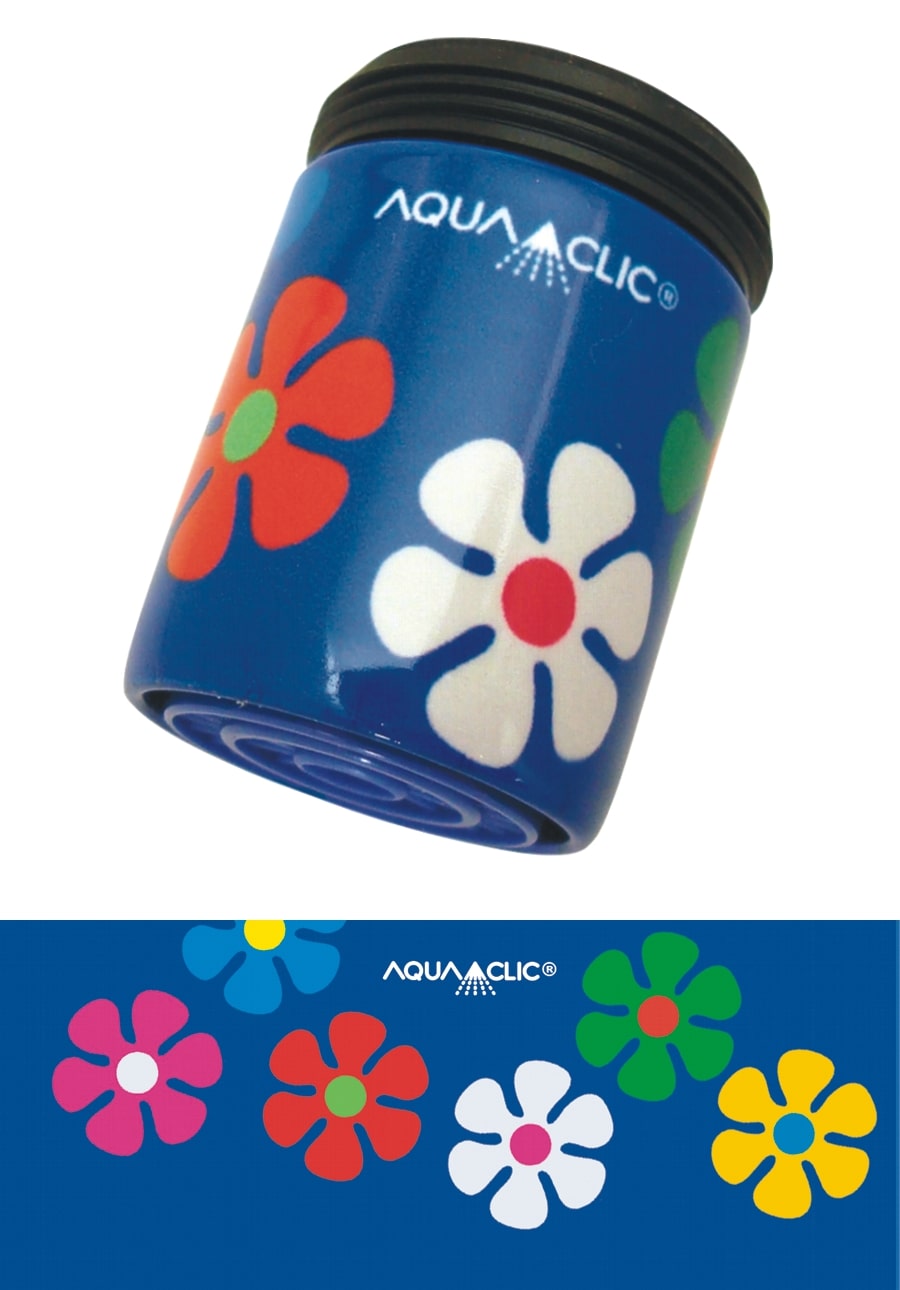 Wassersparer für den Wasserhahn mit Strahlformer und  Flower Power-Design und AquaClic-Perlstrahlregler: vermindert den Wasserverbrauch und verschönert den Hahn