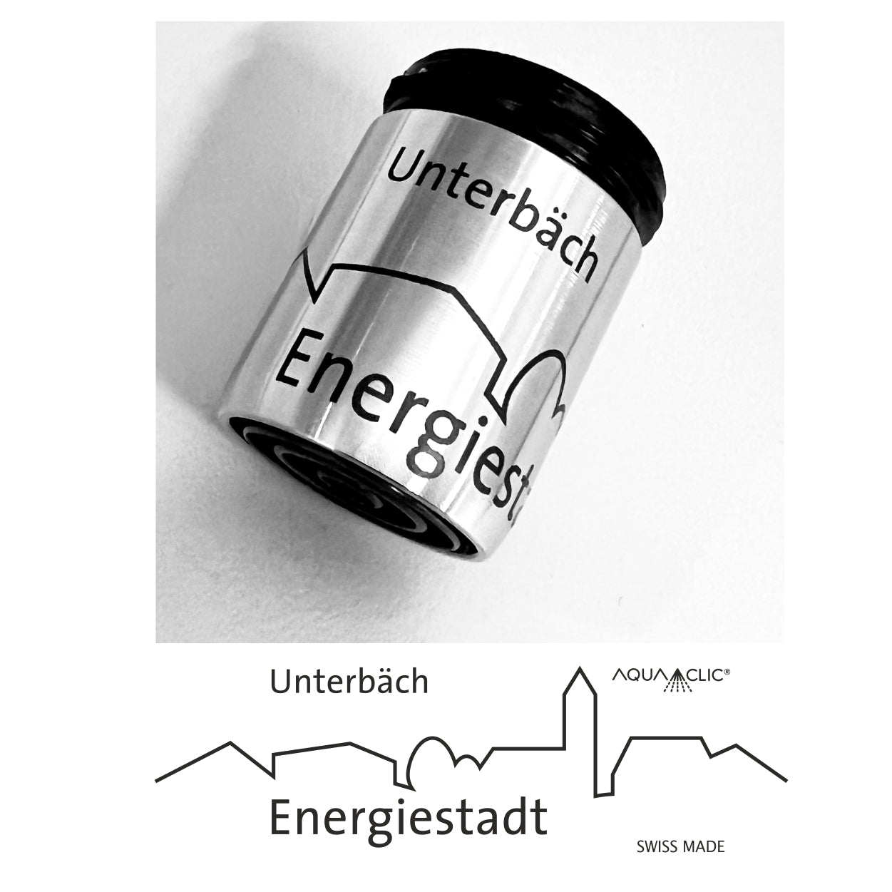 Strahlregler im Energiestadt-Design für die Gemeinde Unterbäch: Edelstahl mit schwarze Keramik