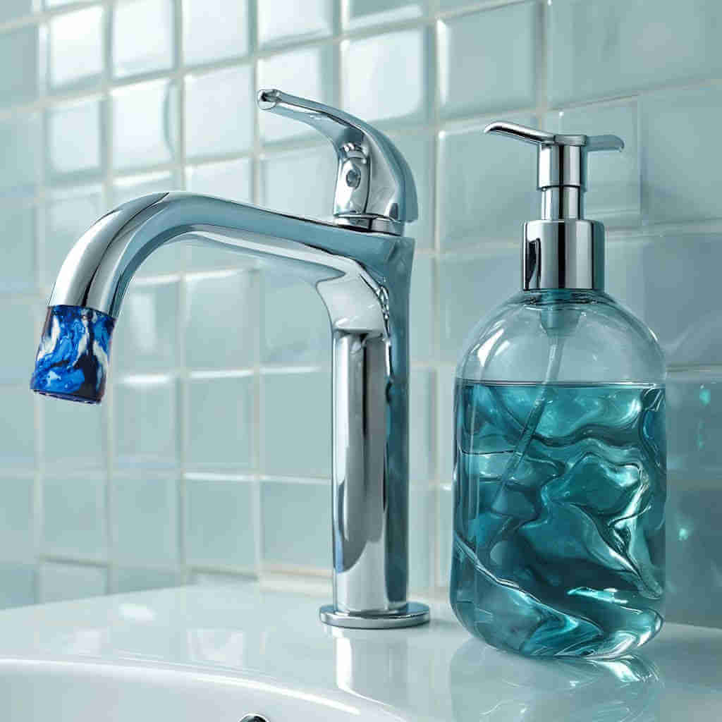 AquaClic Strahlregler Water Ice blau weisses Muster am Wasserhahn