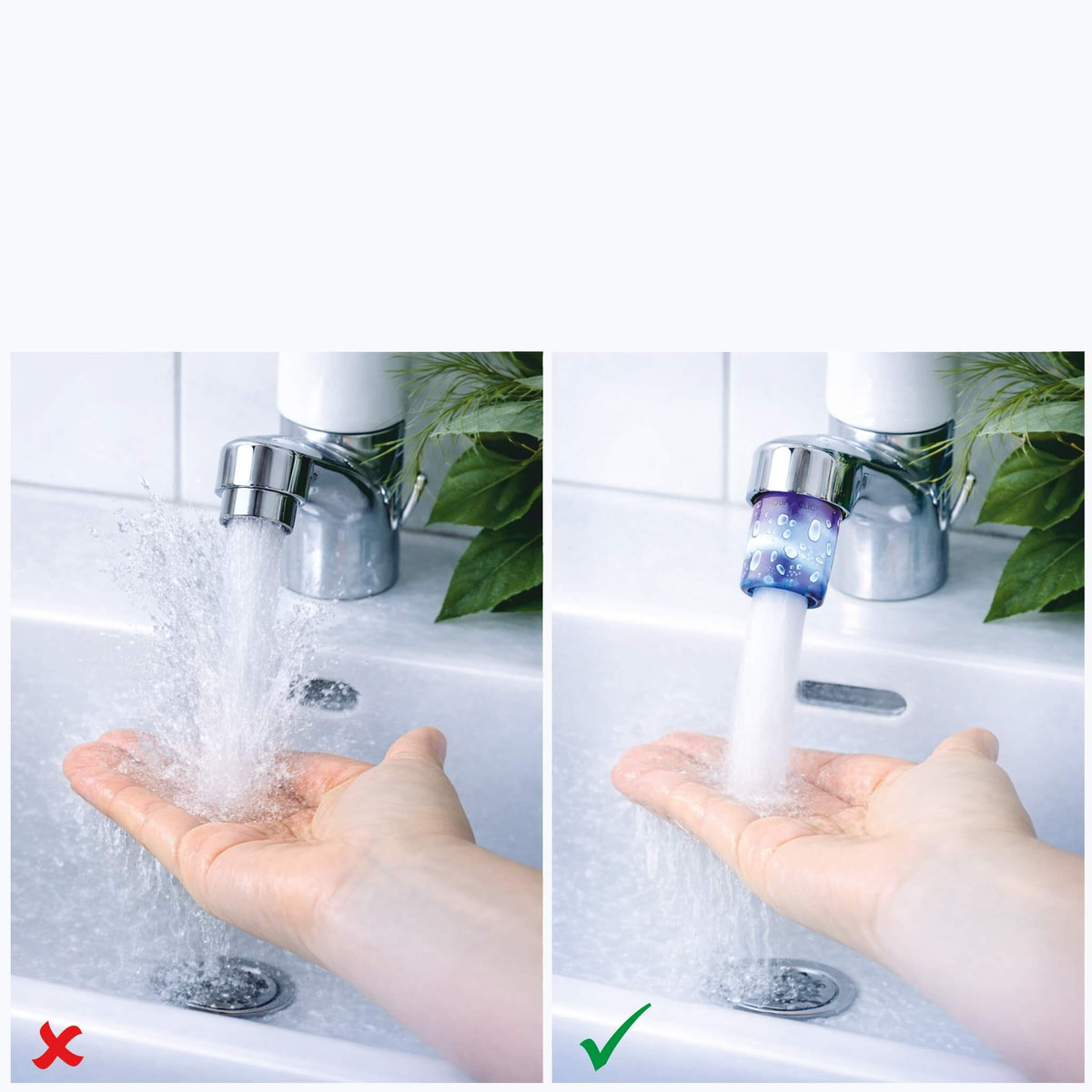 Vorher-/Nachher-Bild eines Wasserhahns am Lavabo: Links fliesst ein ungebündelter, stark spritzender Wasserstrahl in eine Hand, rechts ein gleichmässiger, weicher Strahl mit montiertem Aufsatz (Strahlregler/Adapter) am Hahn.