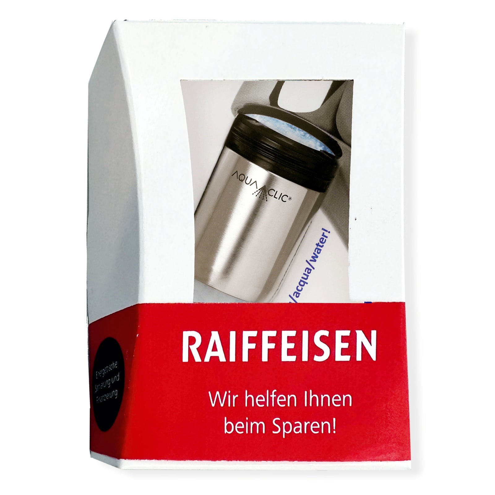AquaClic neutrales Edelstahl in neutraler weisser Box mit Sichtfenster und Banderole «Raiffeisen – wir Helfen Ihnen beim Sparen»