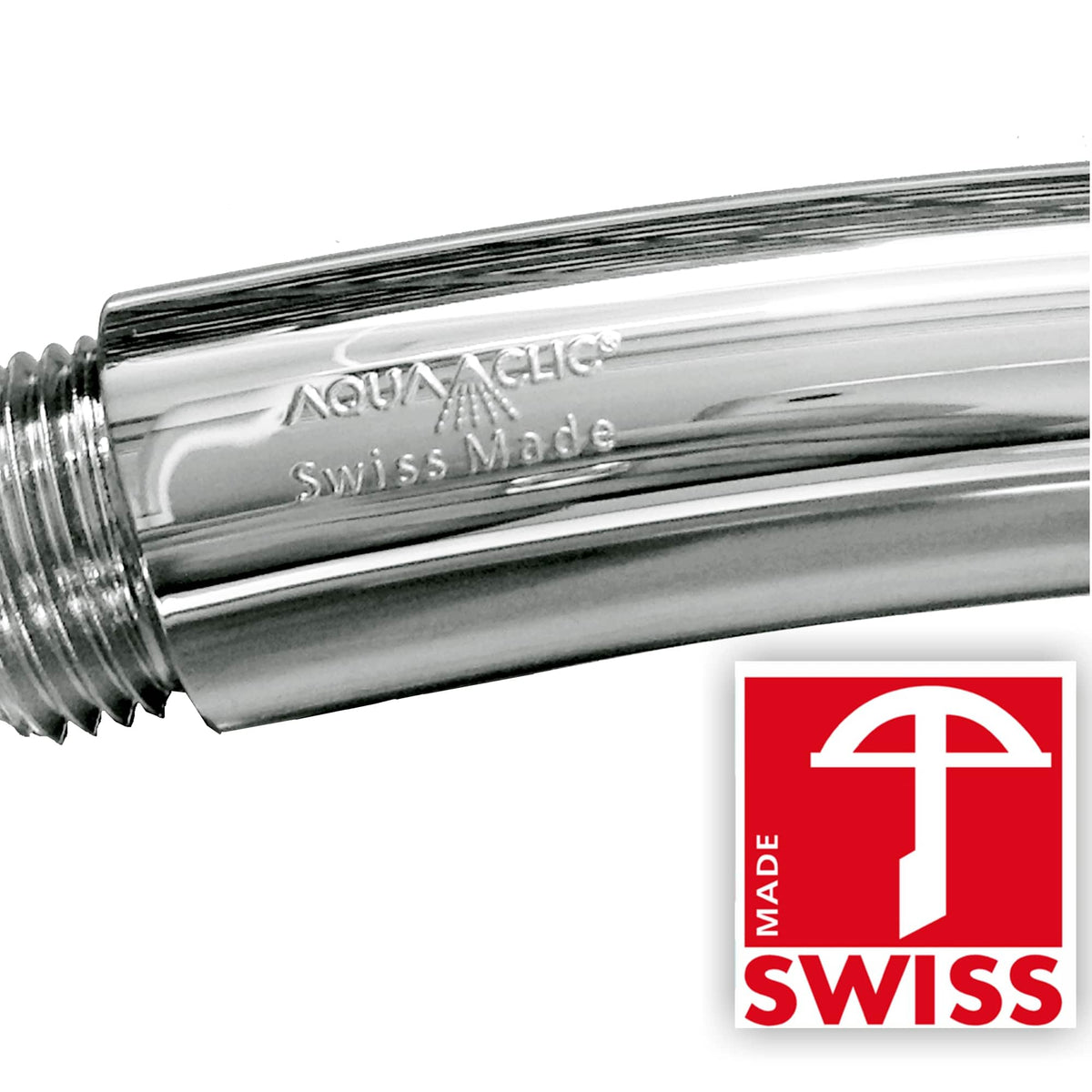 Duschkopf-Griff SwissClima mit Gravur Swiss Made, AquaClic, sowie Armbrustzeichen rot des Labels SwissMade