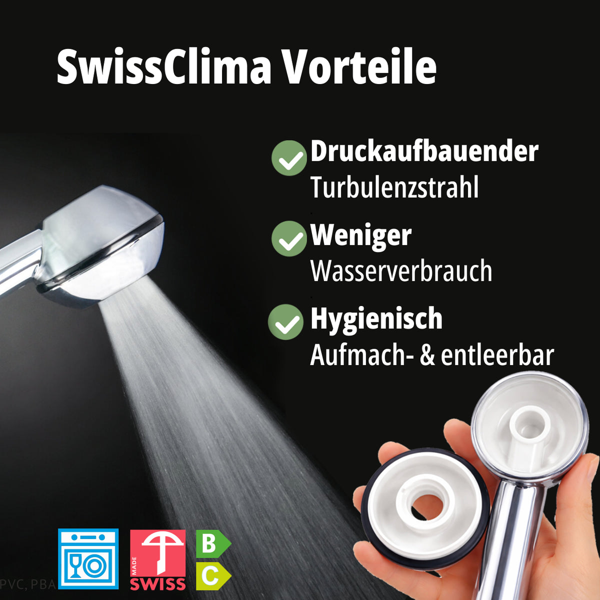 SwissClima-Duschbrause: Duschstrahl, geöffnet zur Info für Entleerung: druckaufbauend, sparend, aufmachbar