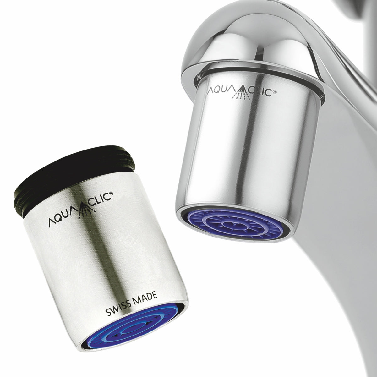 AquaClic Duo Inox Pur: 2 Edelstahl-Mischdüsen für weichen Strahl und Einsparungen