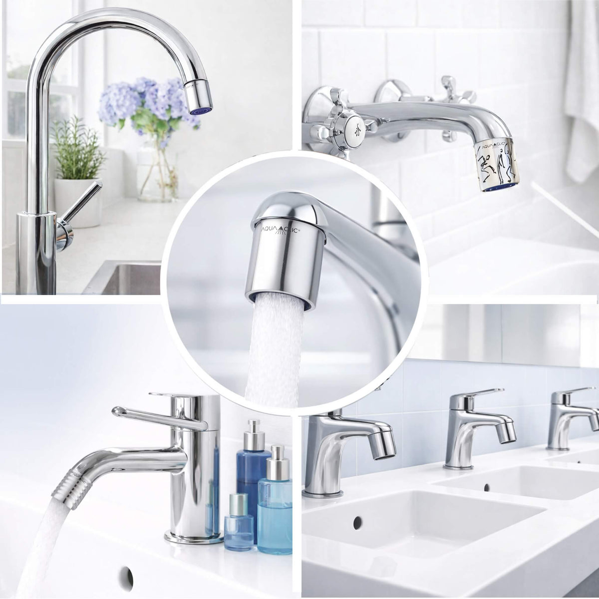 AquaClic-Strahlregler aus Edelstahl an verschiedenen Wasserhähnen: in der Küche, im Bad, in einem Gäste-WC, in einem Schul-WC.