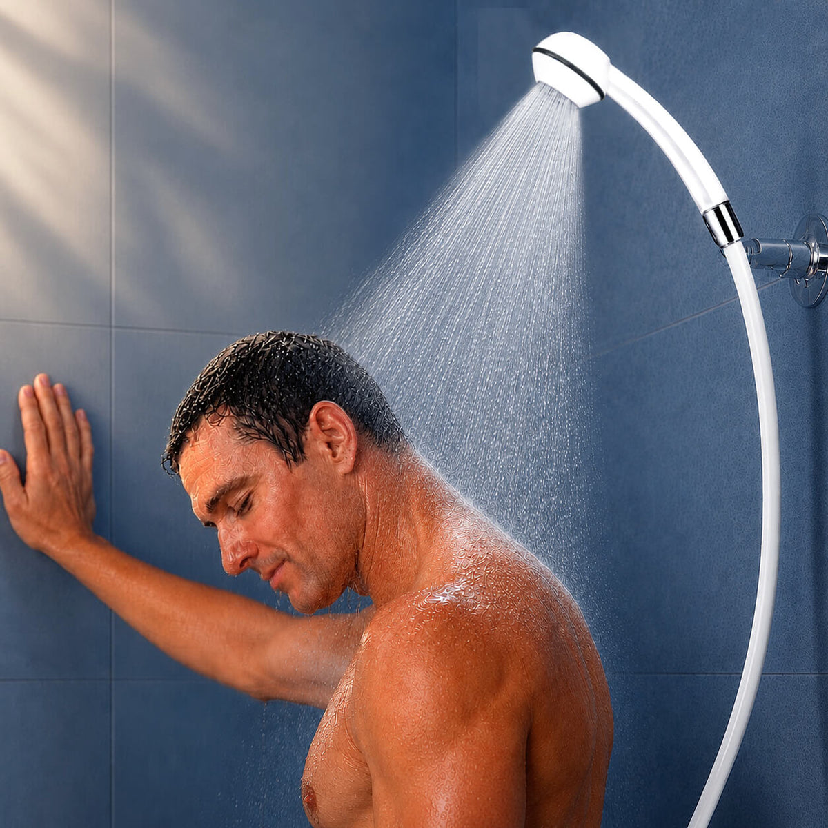 SwissClima Blacky an Duschhaken, darunter ca. 40jähriger Mann duscht genussvoll lässt sich das Wasser auf Nacken und Rücken strömen