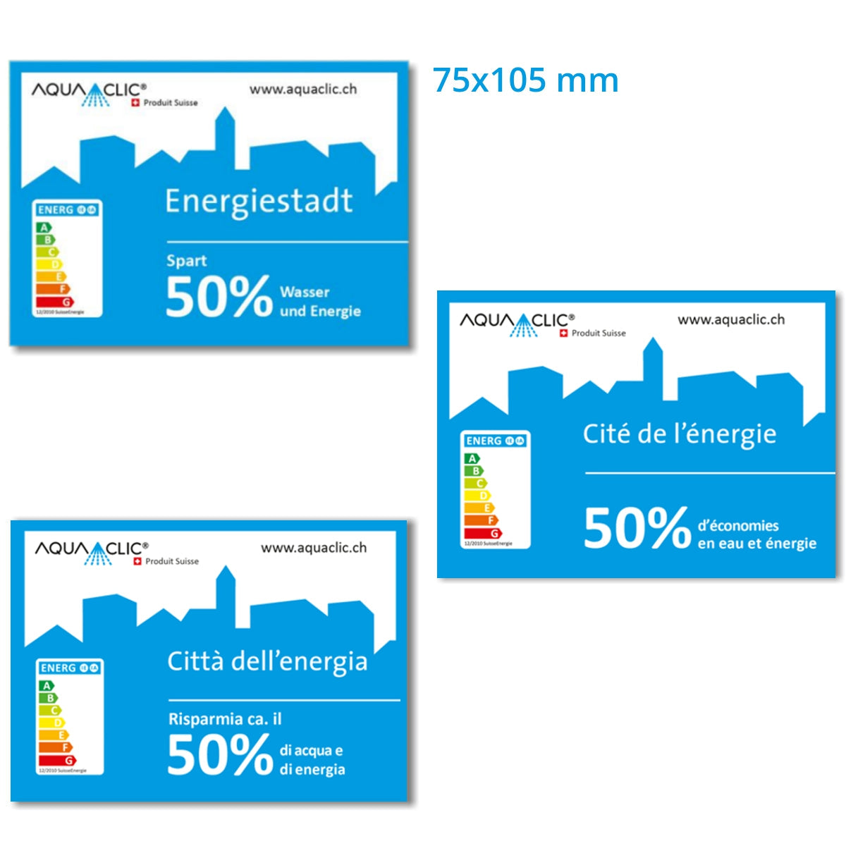 Info-Aufkleber Energiestadt, eutsch, französisch, italienisch