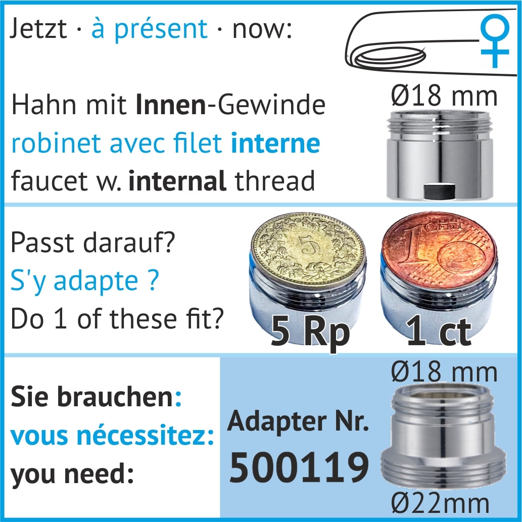 Adapter für Hahn mit 16 mm Durchmesser 500121nnengewinde Durchmesser 18 mm, female 500119