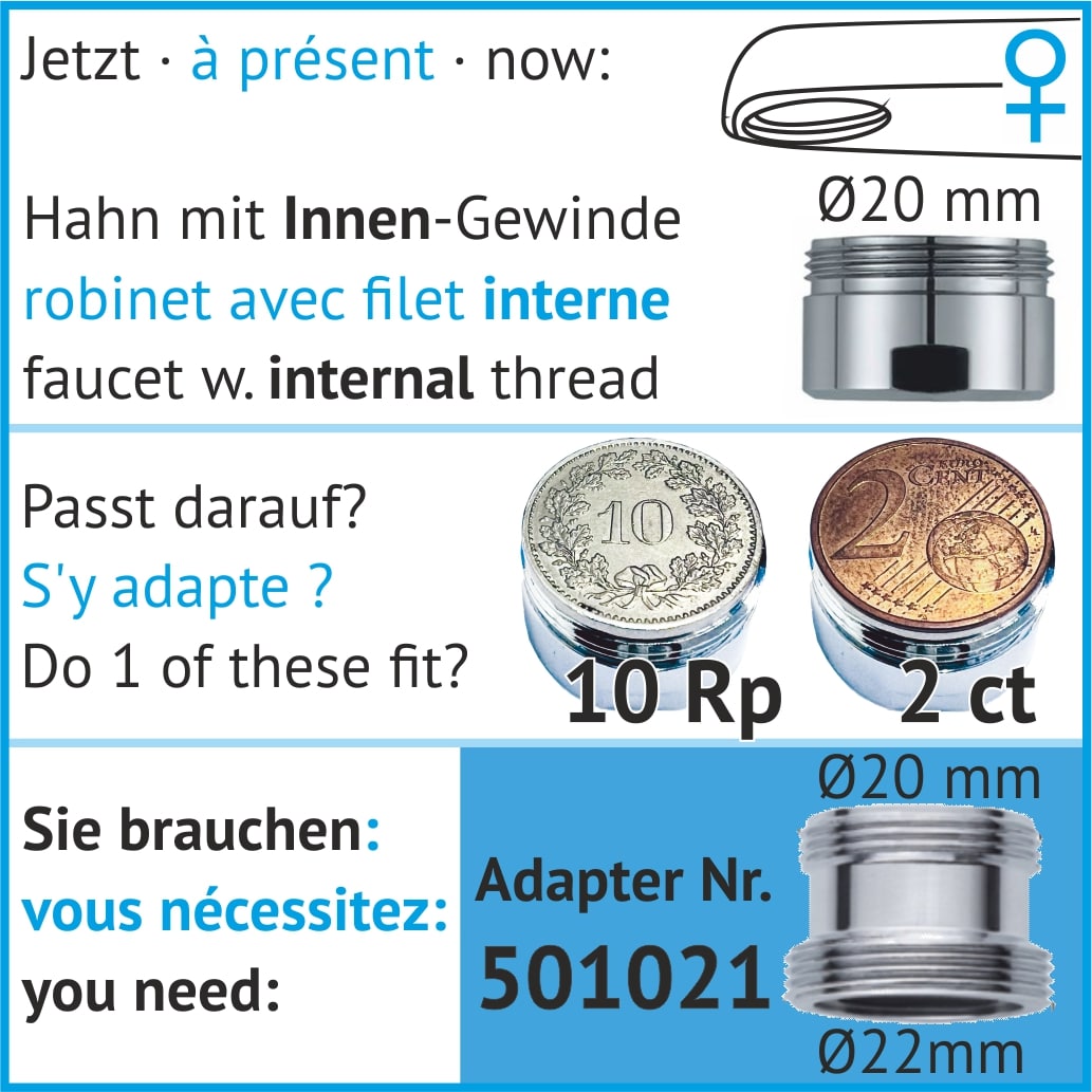 Adapter für Hahn mit 16 mm Durchmesser 500121nnengewinde Durchmesser 20 mm, female 501021