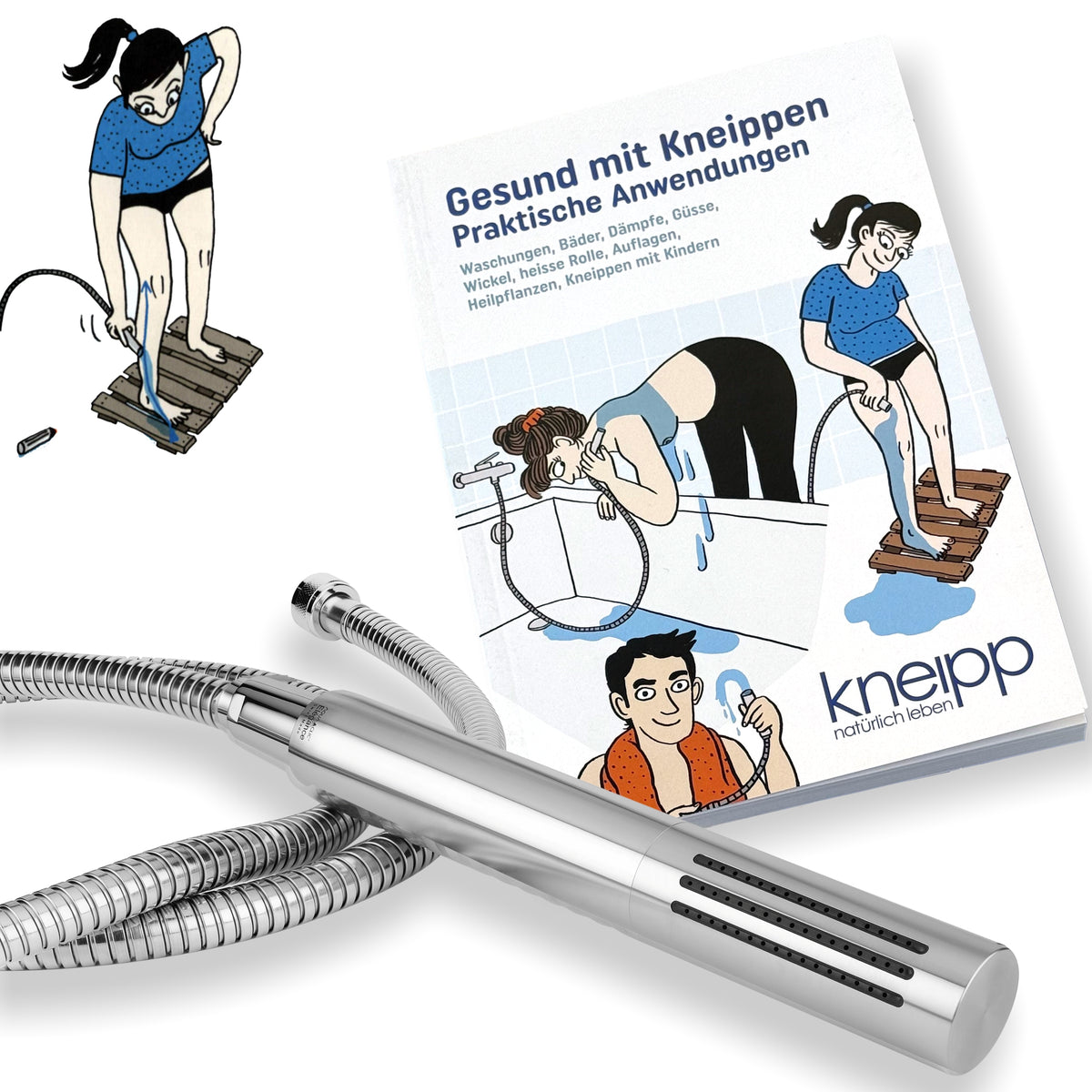 Kneippduschkopf AquaClic-Elegance sowie Kneipp-Buch &quot;Gesund mit Kneippen&quot; in einem Set zusammen mit passendem Schlauch