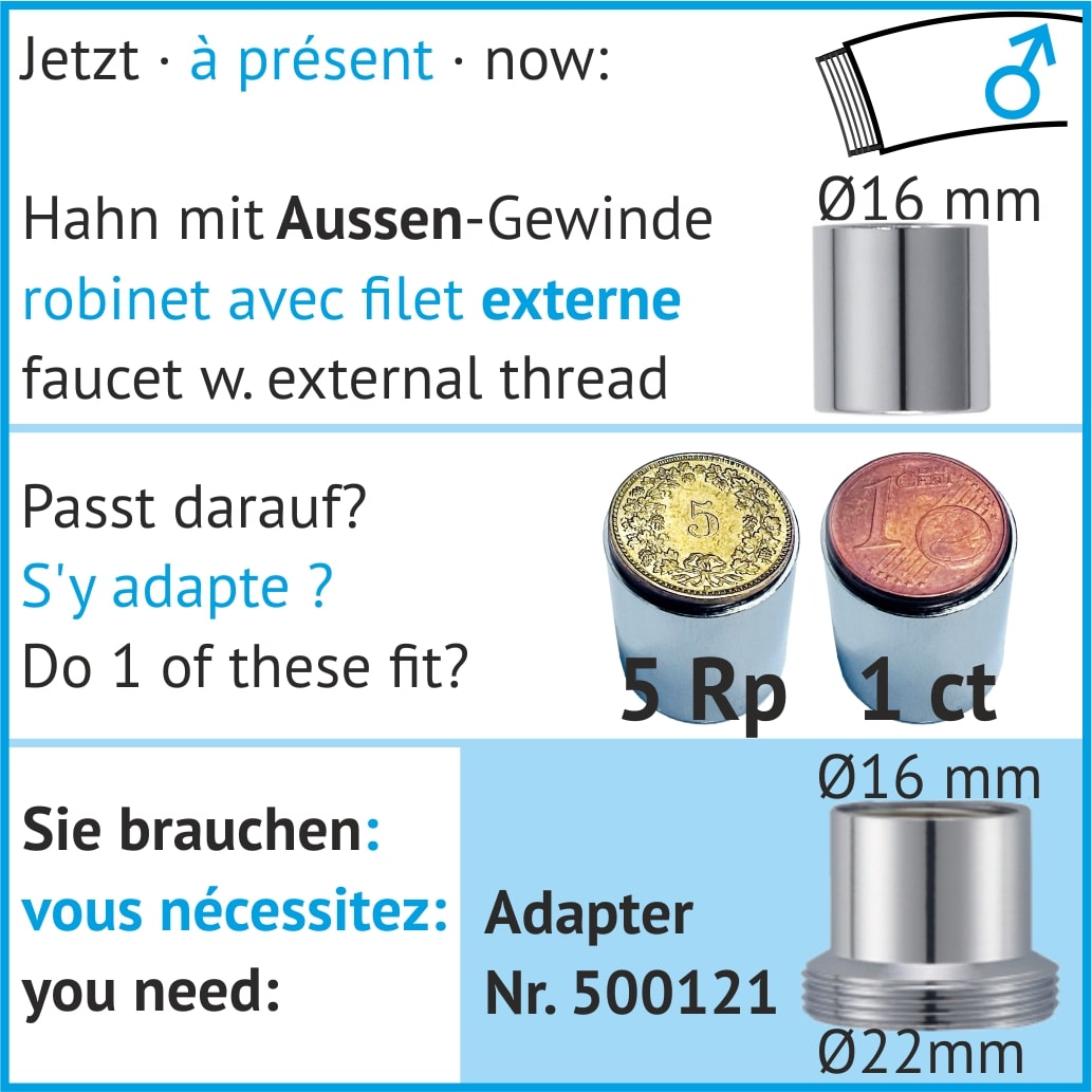 Adapter für Hahn mit Aussengewinde 16 mm Durchmesser 500121