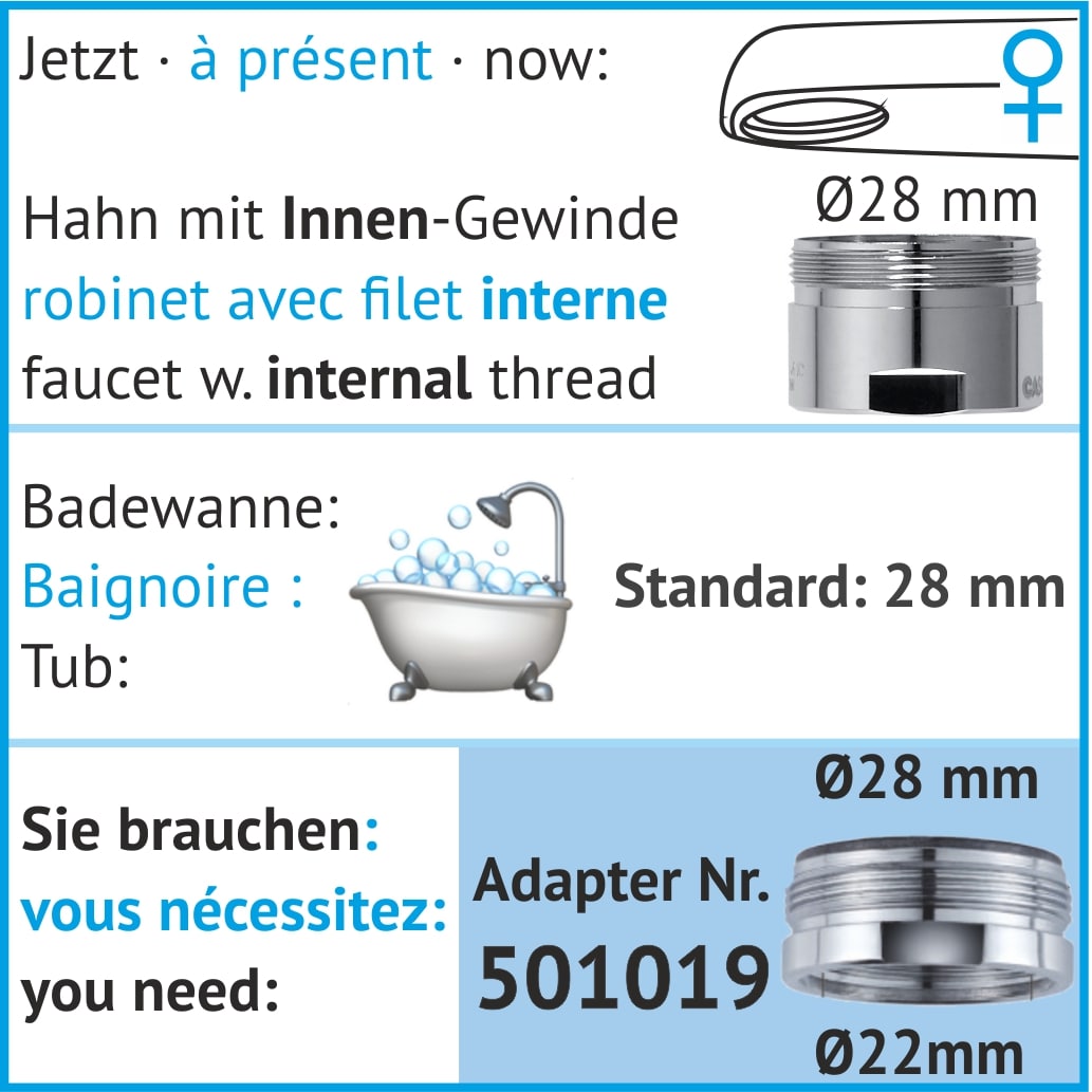 Spezialadapter für HHahn mit Innengewinde 28 mm Durchmesserahn mit Aussengewinde 19 mm Durchmesser, 500605