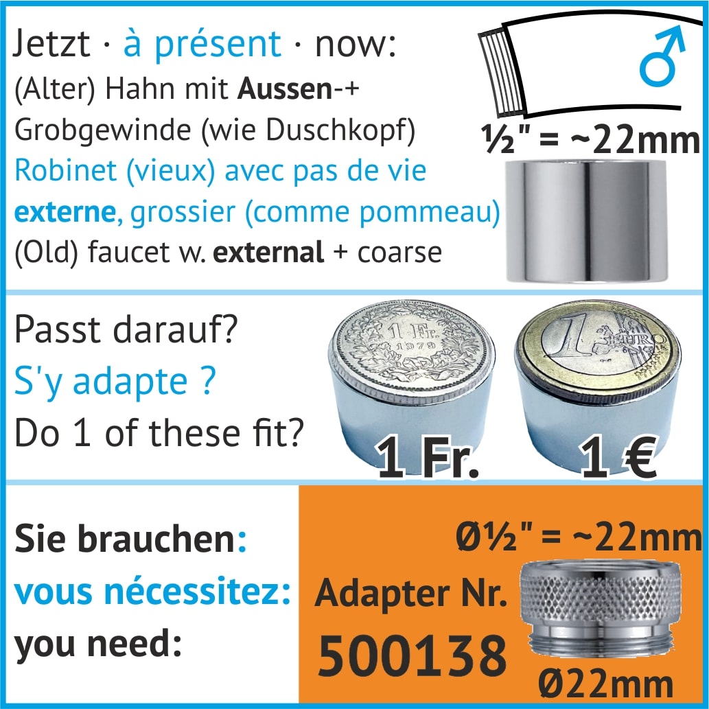 Spezialadapter für Hahn mit Aussengewinde ca. 17 mm, 3/8-Zoll-Alter Wasserhahn, Nr. 500112