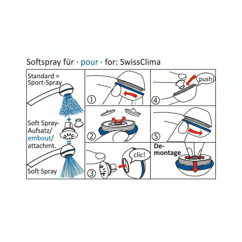 Bedienungsanleitung Montage Softspry-Aufsatz in Sparduschkopf SwissClima