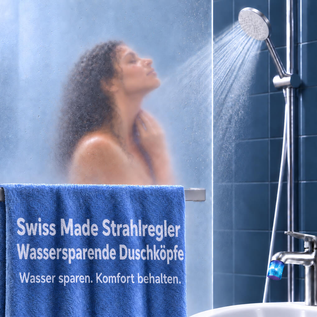 Junge Frau unter Wassersparbrause AquaClic-Prosecco hinter Milchlas, davor Handtuch mit AquaClic-Text beschriftet. AquaClic Strahlregler Raindrops am Wasserhahn.