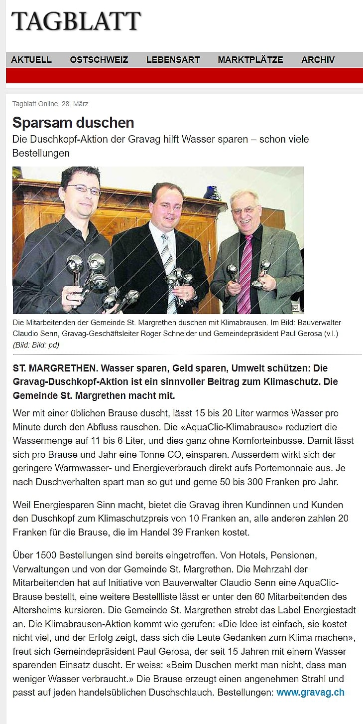 Zeitungsbericht im Tagblatt über die Co2-Aktion der Gemeinde St. Margrethen/Energieunternehmen Gravag mit Duschbrausen von AquaClic