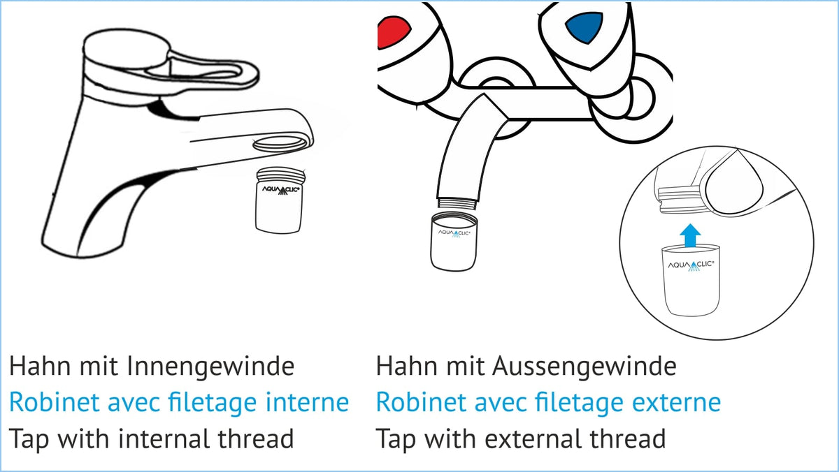 Zwei Hähne nebeneinander mit Innen- und Aussengewinde