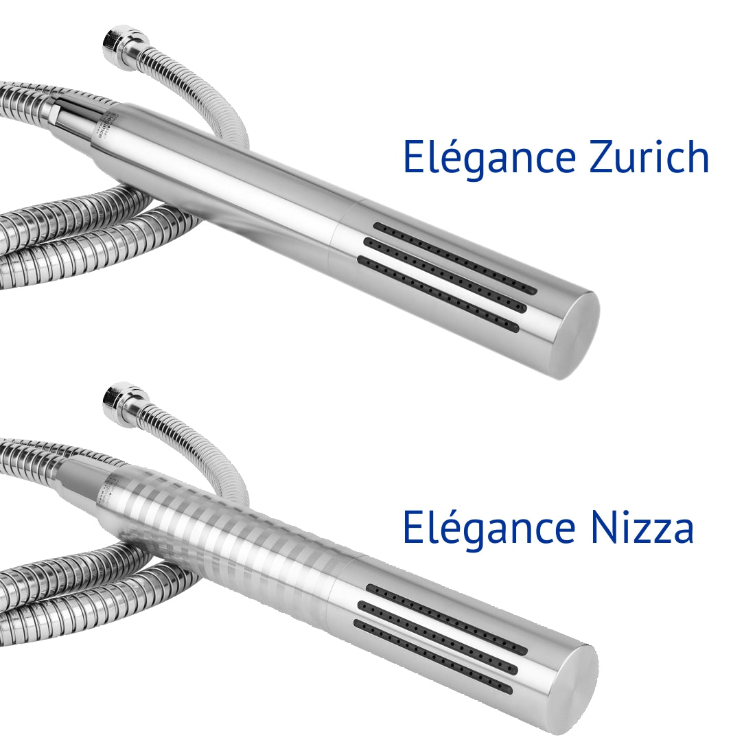 Comparaison des modèles Zurich et Nizza de la douchette à main AquaClic-Elegance, avec le flexible en acier inoxydable.