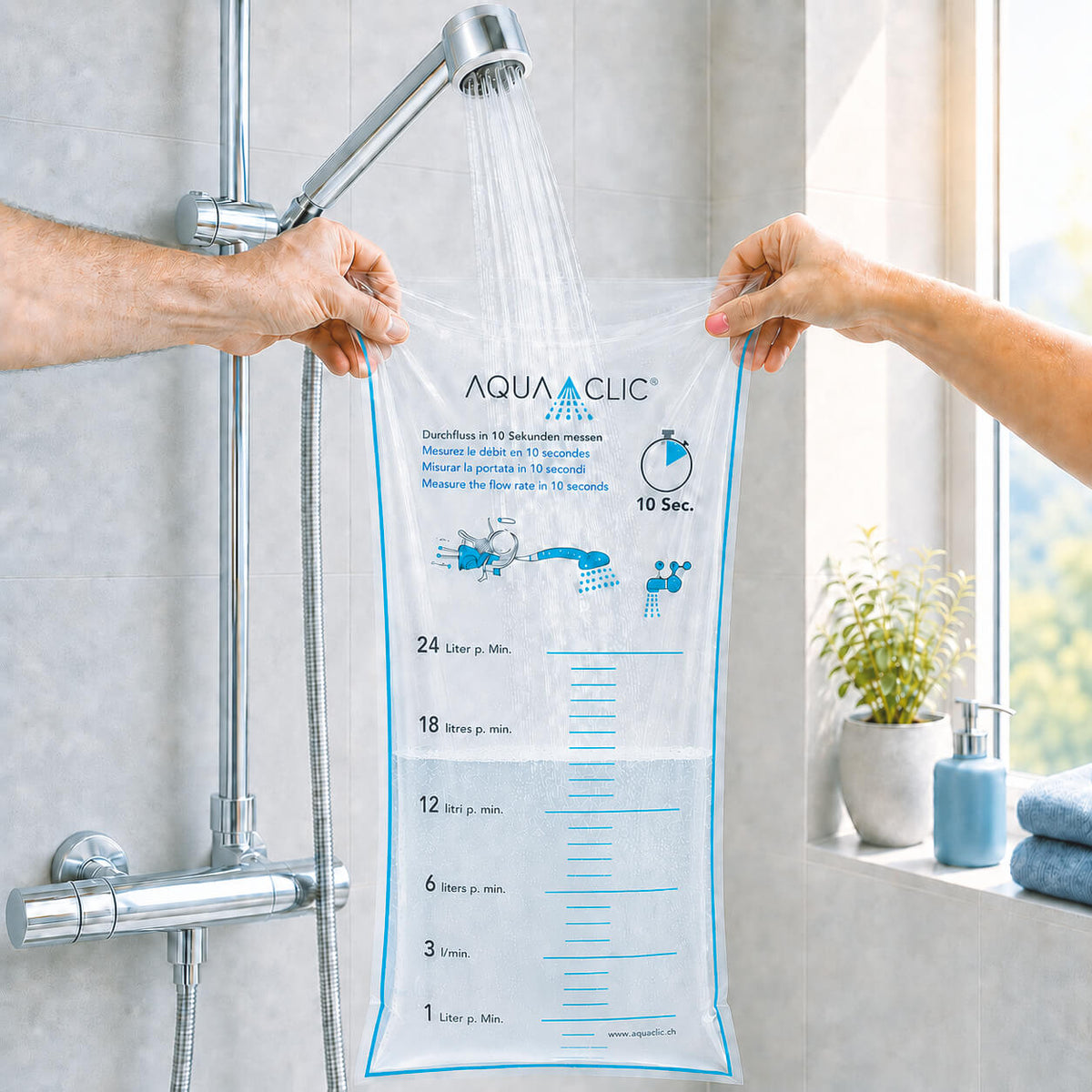 AquaClic-Messbeutel für Hahn & Dusche