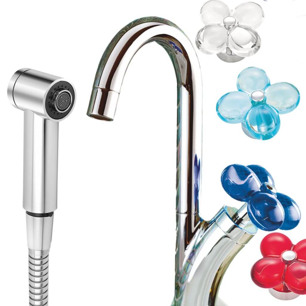 wassersparende Produkte für die Küche: Küchenbrause Mini, Armatur EcoFleur mit verschiedenfarbigen Drehgriffen