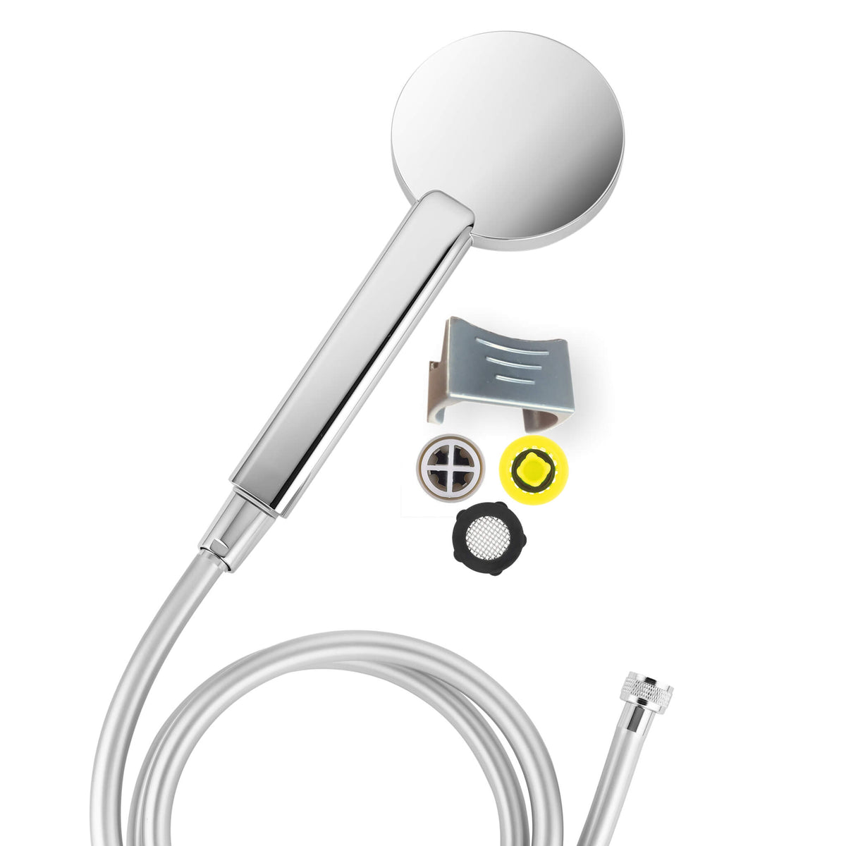 Wasserspar-Duschkopf Prosecco von oben mit gewebeverstärktem Kunststoff-Schlauch, mit Air-Stop, mit Regler und Gitterdichtung