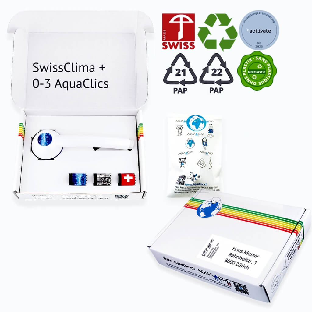 Kartonverpackung und Papierbeutel für ökologischen plastikfreien Versand von AquaClic-Wassersparprodukten.