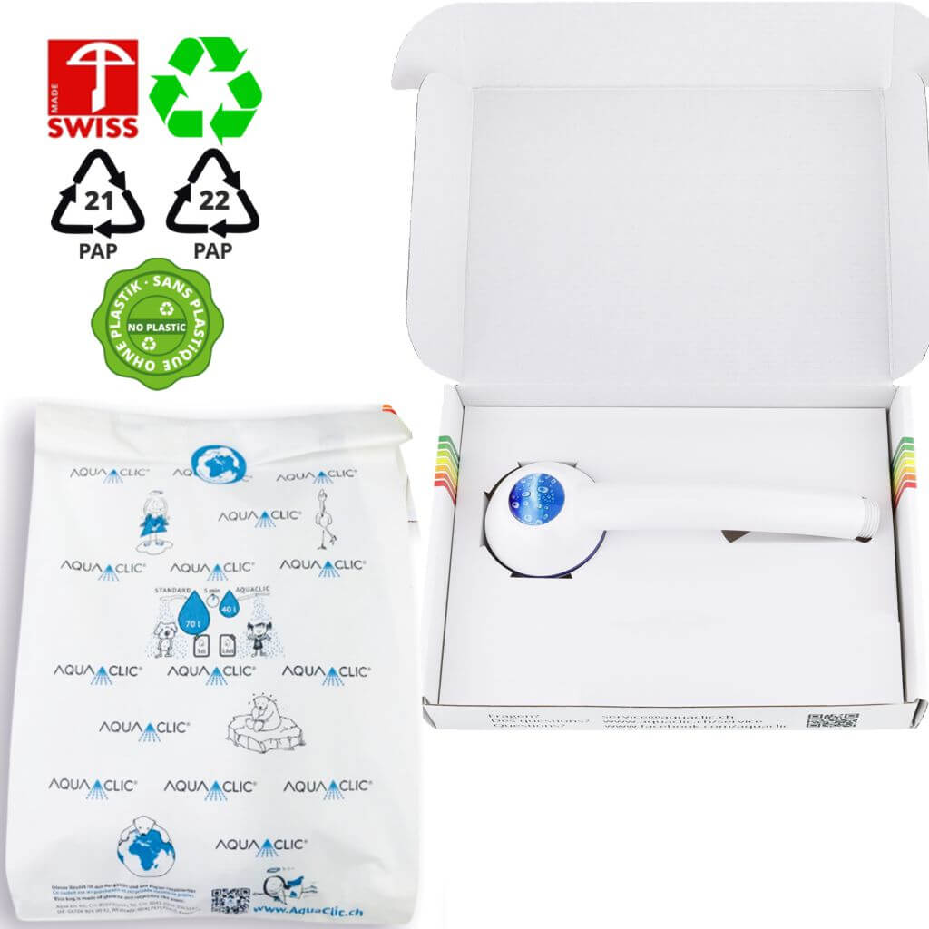 Duschkopf SwissClima ver&shy;kal&shy;kungs&shy;frei, metall&shy;frei, Wasser&shy;druck-Erhöhung