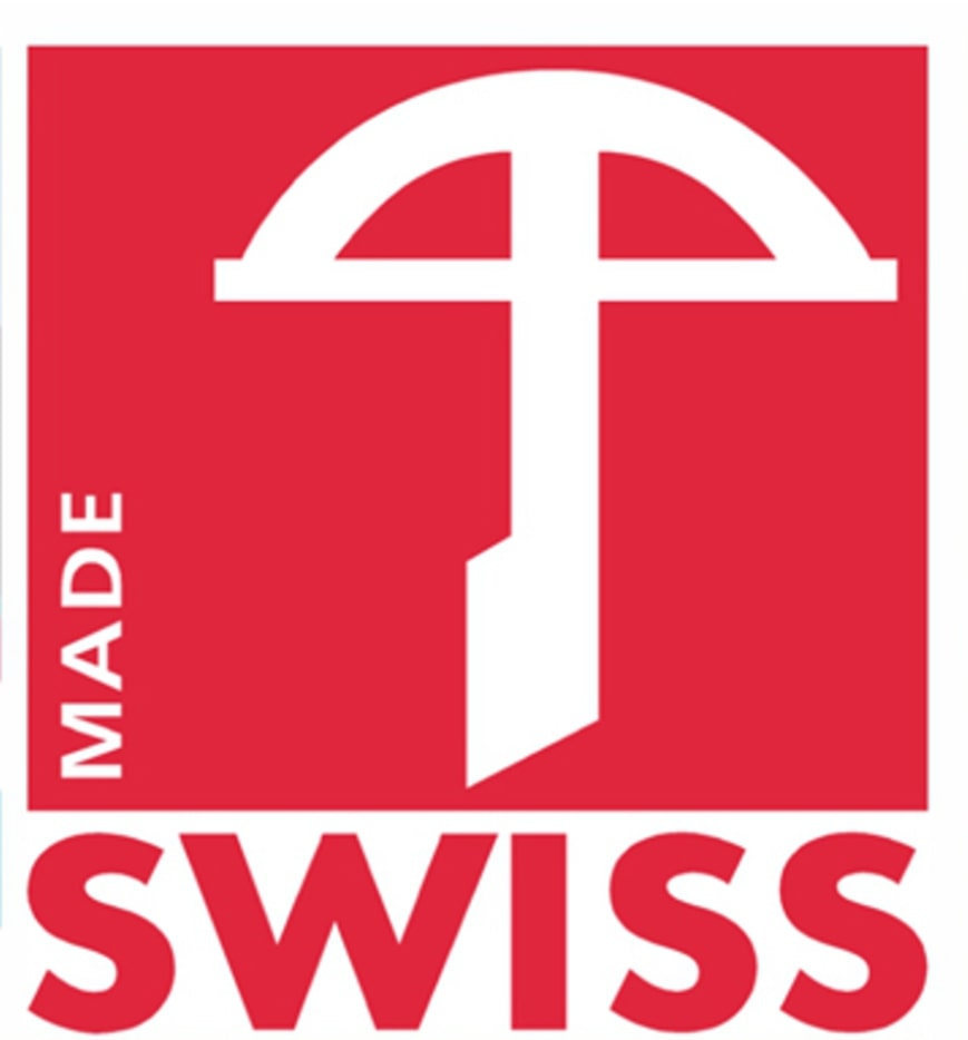Swisslabel.ch Logo mit SwissMade-Armbrust-Symbol – Kennzeichnung für AquaClic-Strahlregler als Schweizer Qualitätsprodukte.